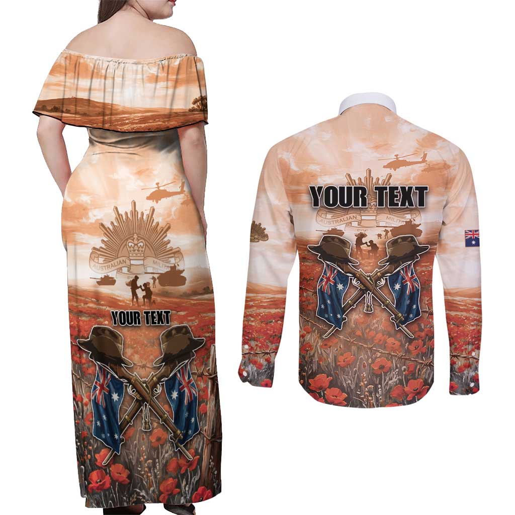 Personalised ANZAC Day Couples Matching Off Shoulder Maxi Dress and Long Sleeve Button Shirt Commemorative Soldier Tribute