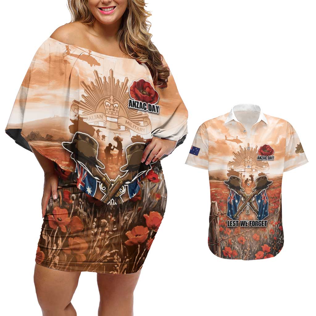 Personalised ANZAC Day Couples Matching Off Shoulder Short Dress and Hawaiian Shirt Commemorative Soldier Tribute