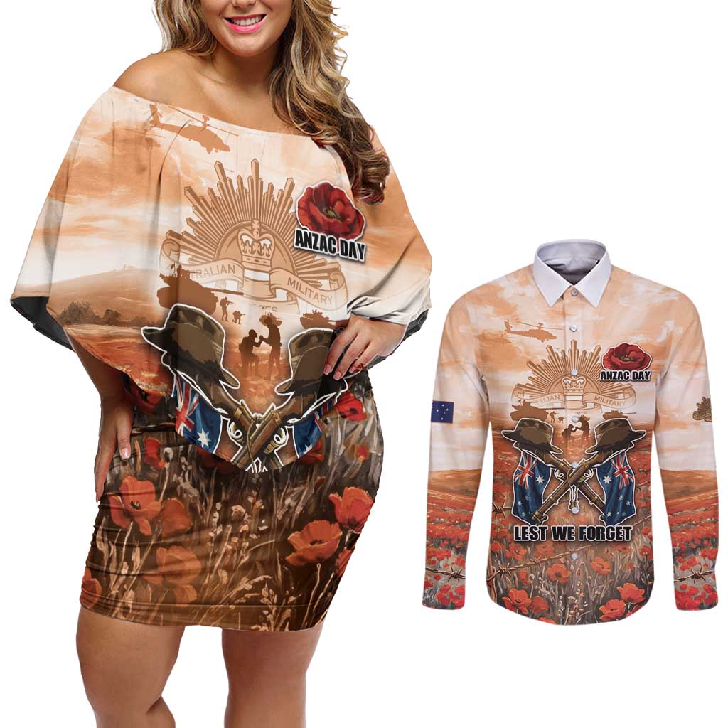 Personalised ANZAC Day Couples Matching Off Shoulder Short Dress and Long Sleeve Button Shirt Commemorative Soldier Tribute