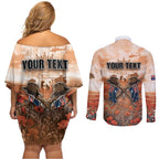 Personalised ANZAC Day Couples Matching Off Shoulder Short Dress and Long Sleeve Button Shirt Commemorative Soldier Tribute