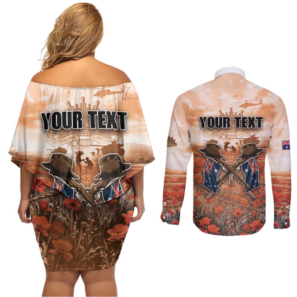 Personalised ANZAC Day Couples Matching Off Shoulder Short Dress and Long Sleeve Button Shirt Commemorative Soldier Tribute