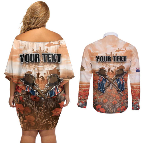 Personalised ANZAC Day Couples Matching Off Shoulder Short Dress and Long Sleeve Button Shirt Commemorative Soldier Tribute