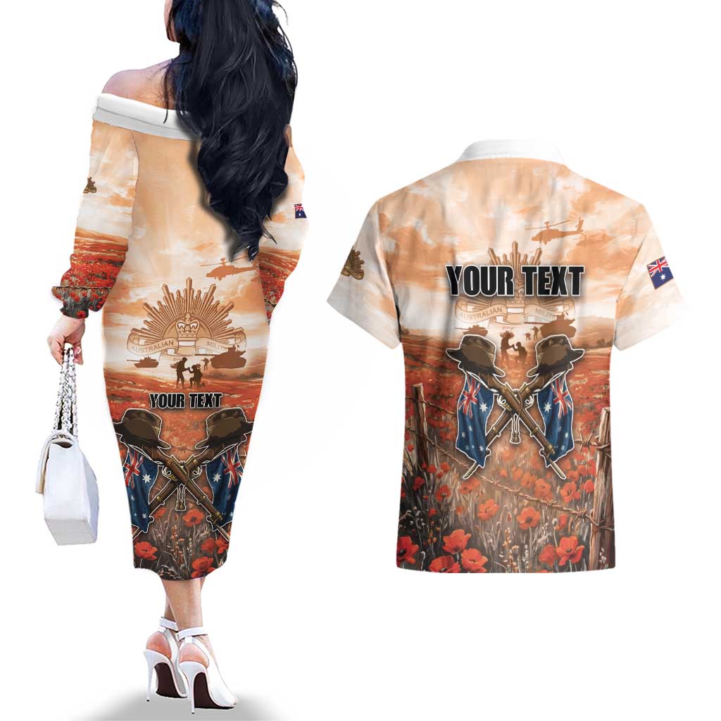 Personalised ANZAC Day Couples Matching Off The Shoulder Long Sleeve Dress and Hawaiian Shirt Commemorative Soldier Tribute