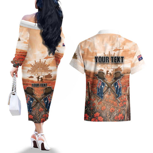 Personalised ANZAC Day Couples Matching Off The Shoulder Long Sleeve Dress and Hawaiian Shirt Commemorative Soldier Tribute