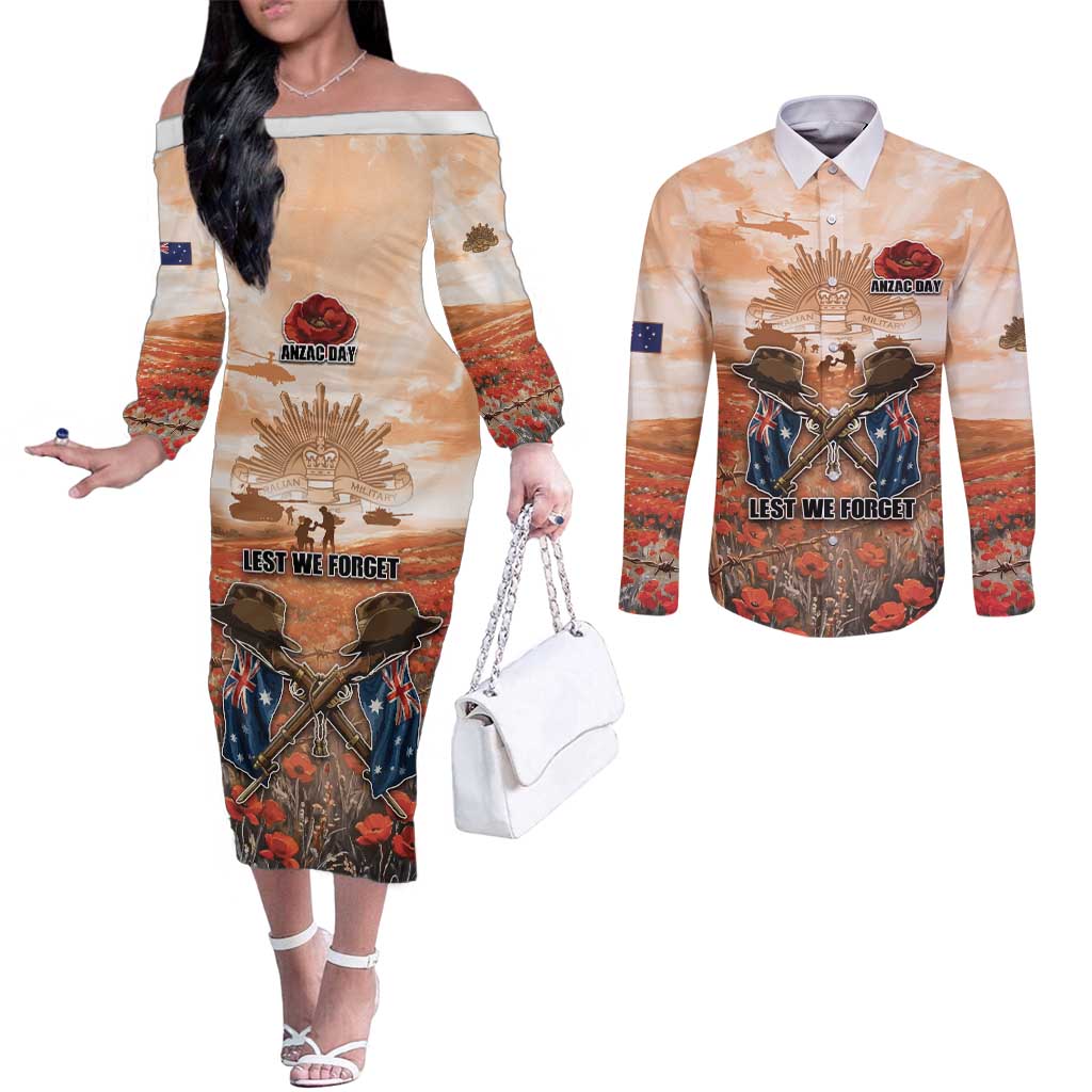Personalised ANZAC Day Couples Matching Off The Shoulder Long Sleeve Dress and Long Sleeve Button Shirt Commemorative Soldier Tribute