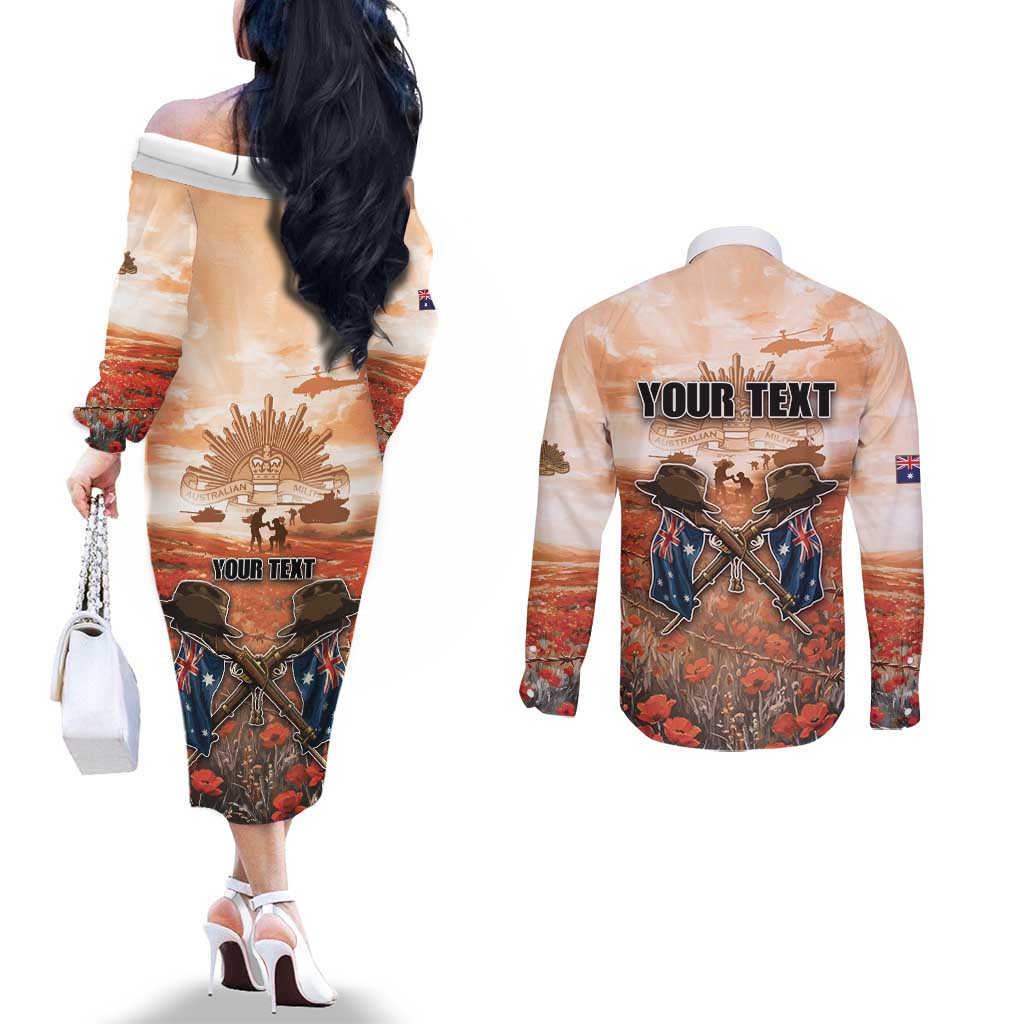 Personalised ANZAC Day Couples Matching Off The Shoulder Long Sleeve Dress and Long Sleeve Button Shirt Commemorative Soldier Tribute