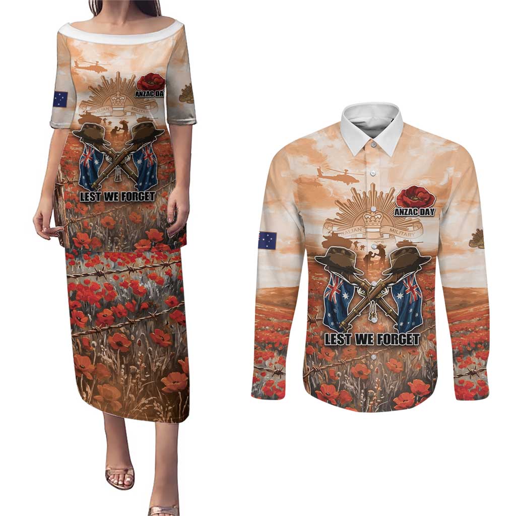 Personalised ANZAC Day Couples Matching Puletasi and Long Sleeve Button Shirt Commemorative Soldier Tribute
