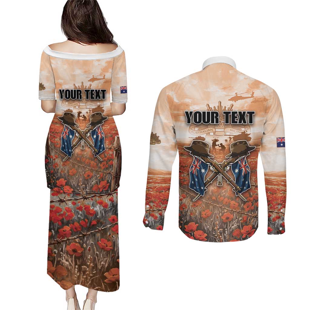 Personalised ANZAC Day Couples Matching Puletasi and Long Sleeve Button Shirt Commemorative Soldier Tribute