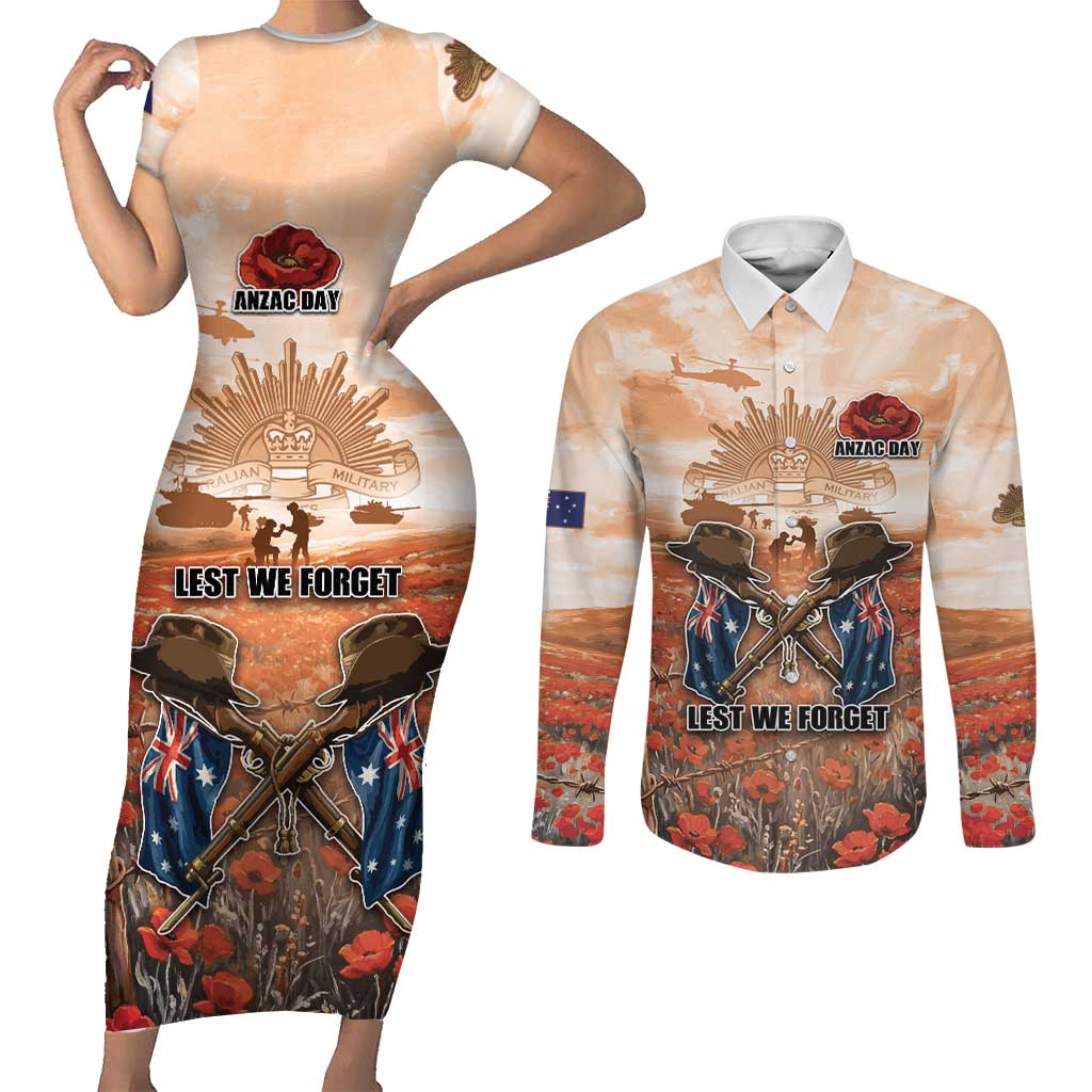 Personalised ANZAC Day Couples Matching Short Sleeve Bodycon Dress and Long Sleeve Button Shirt Commemorative Soldier Tribute