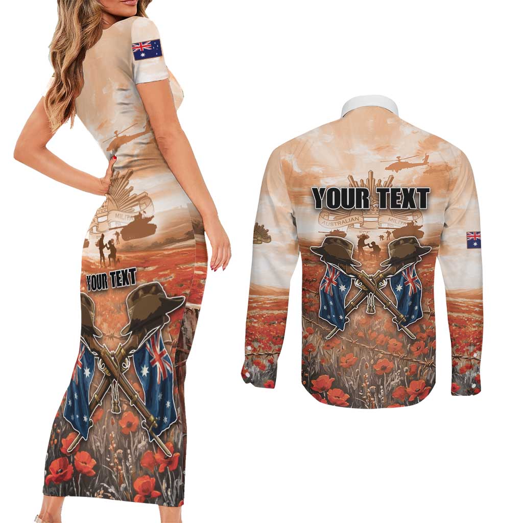 Personalised ANZAC Day Couples Matching Short Sleeve Bodycon Dress and Long Sleeve Button Shirt Commemorative Soldier Tribute