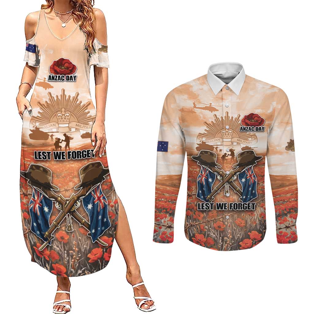 Personalised ANZAC Day Couples Matching Summer Maxi Dress and Long Sleeve Button Shirt Commemorative Soldier Tribute