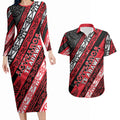 Personalised Aotearoa Te Arawa Couples Matching Long Sleeve Bodycon Dress and Hawaiian Shirt New Zealand Maori Tribal Fern Pattern