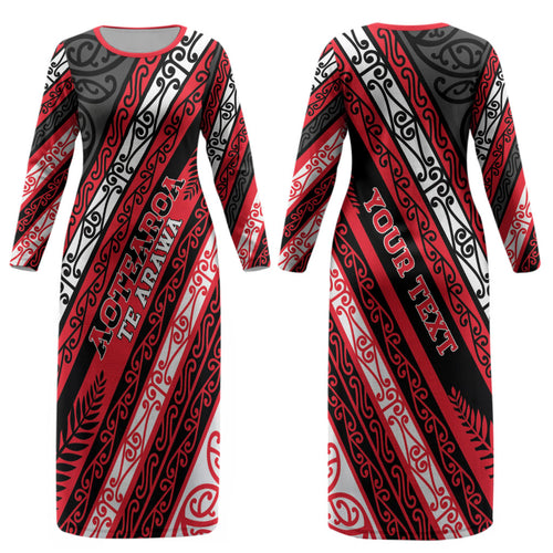Personalised Aotearoa Te Arawa Couples Matching Long Sleeve Bodycon Dress and Hawaiian Shirt New Zealand Maori Tribal Fern Pattern