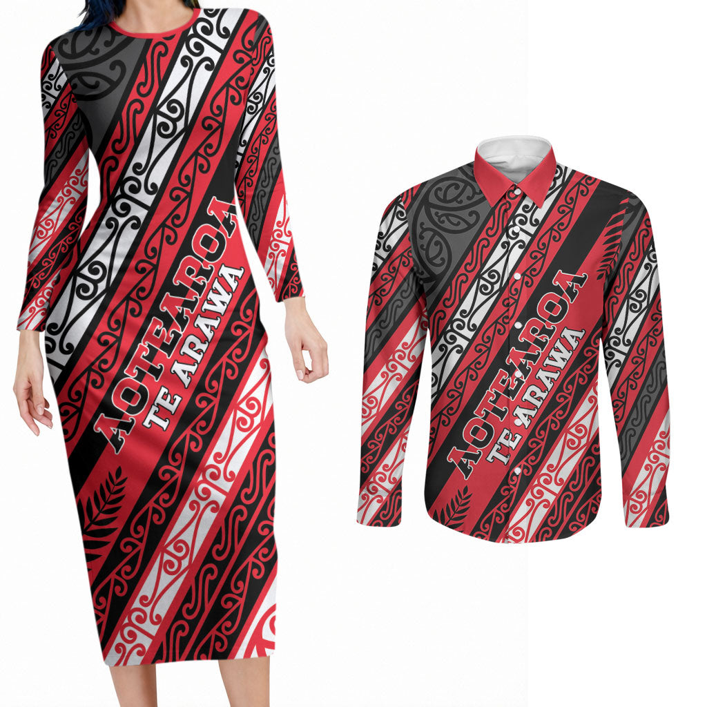 Personalised Aotearoa Te Arawa Couples Matching Long Sleeve Bodycon Dress and Long Sleeve Button Shirt New Zealand Maori Tribal Fern Pattern