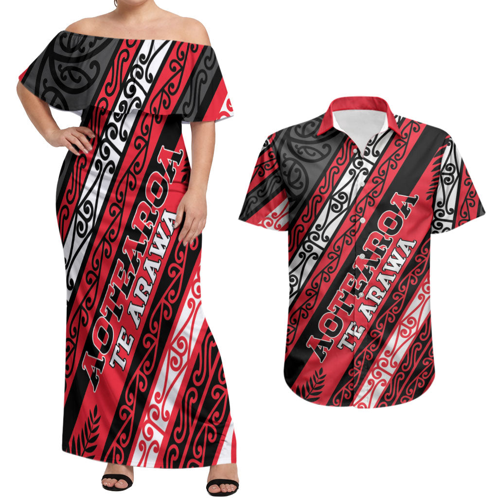 Personalised Aotearoa Te Arawa Couples Matching Off Shoulder Maxi Dress and Hawaiian Shirt New Zealand Maori Tribal Fern Pattern