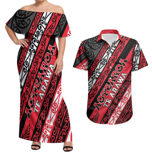 Personalised Aotearoa Te Arawa Couples Matching Off Shoulder Maxi Dress and Hawaiian Shirt New Zealand Maori Tribal Fern Pattern