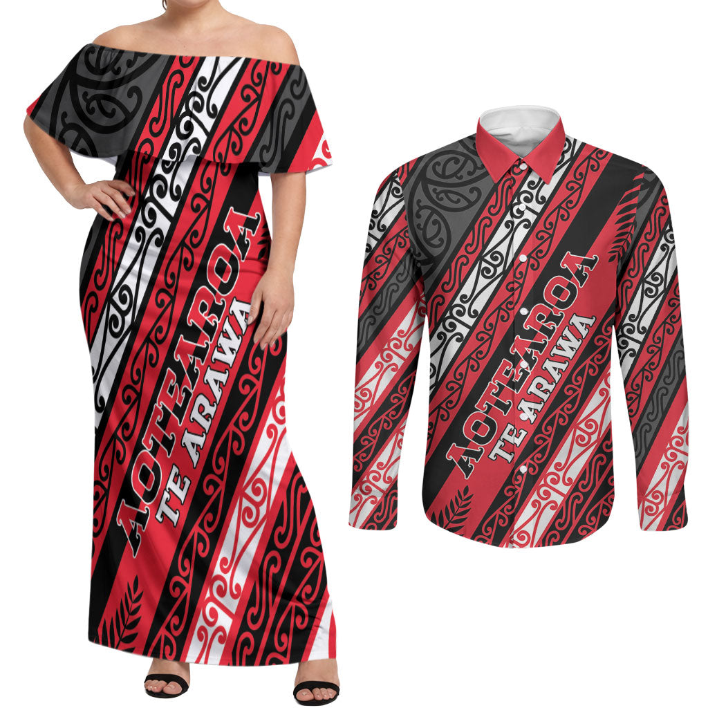 Personalised Aotearoa Te Arawa Couples Matching Off Shoulder Maxi Dress and Long Sleeve Button Shirt New Zealand Maori Tribal Fern Pattern