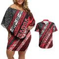Personalised Aotearoa Te Arawa Couples Matching Off Shoulder Short Dress and Hawaiian Shirt New Zealand Maori Tribal Fern Pattern