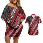 Personalised Aotearoa Te Arawa Couples Matching Off Shoulder Short Dress and Hawaiian Shirt New Zealand Maori Tribal Fern Pattern