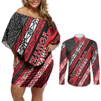 Personalised Aotearoa Te Arawa Couples Matching Off Shoulder Short Dress and Long Sleeve Button Shirt New Zealand Maori Tribal Fern Pattern