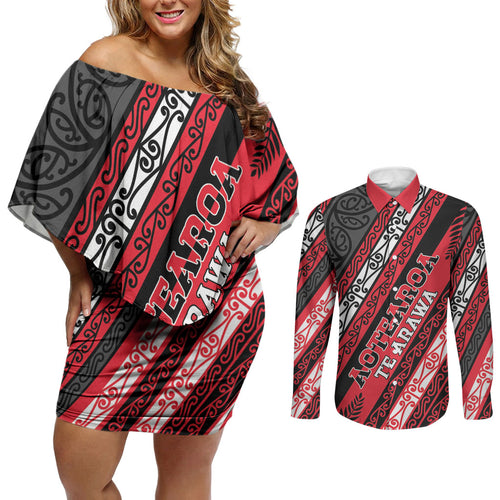 Personalised Aotearoa Te Arawa Couples Matching Off Shoulder Short Dress and Long Sleeve Button Shirt New Zealand Maori Tribal Fern Pattern