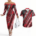 Personalised Aotearoa Te Arawa Couples Matching Off The Shoulder Long Sleeve Dress and Hawaiian Shirt New Zealand Maori Tribal Fern Pattern