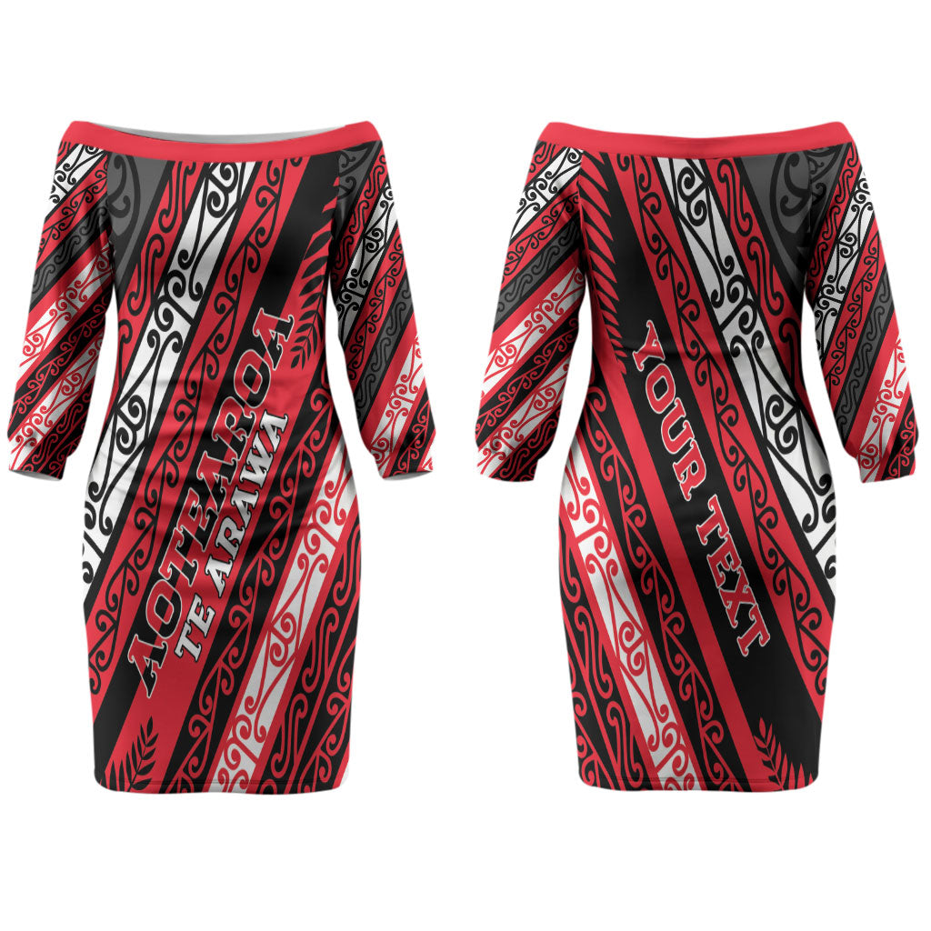 Personalised Aotearoa Te Arawa Couples Matching Off The Shoulder Long Sleeve Dress and Hawaiian Shirt New Zealand Maori Tribal Fern Pattern