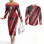 Personalised Aotearoa Te Arawa Couples Matching Off The Shoulder Long Sleeve Dress and Long Sleeve Button Shirt New Zealand Maori Tribal Fern Pattern