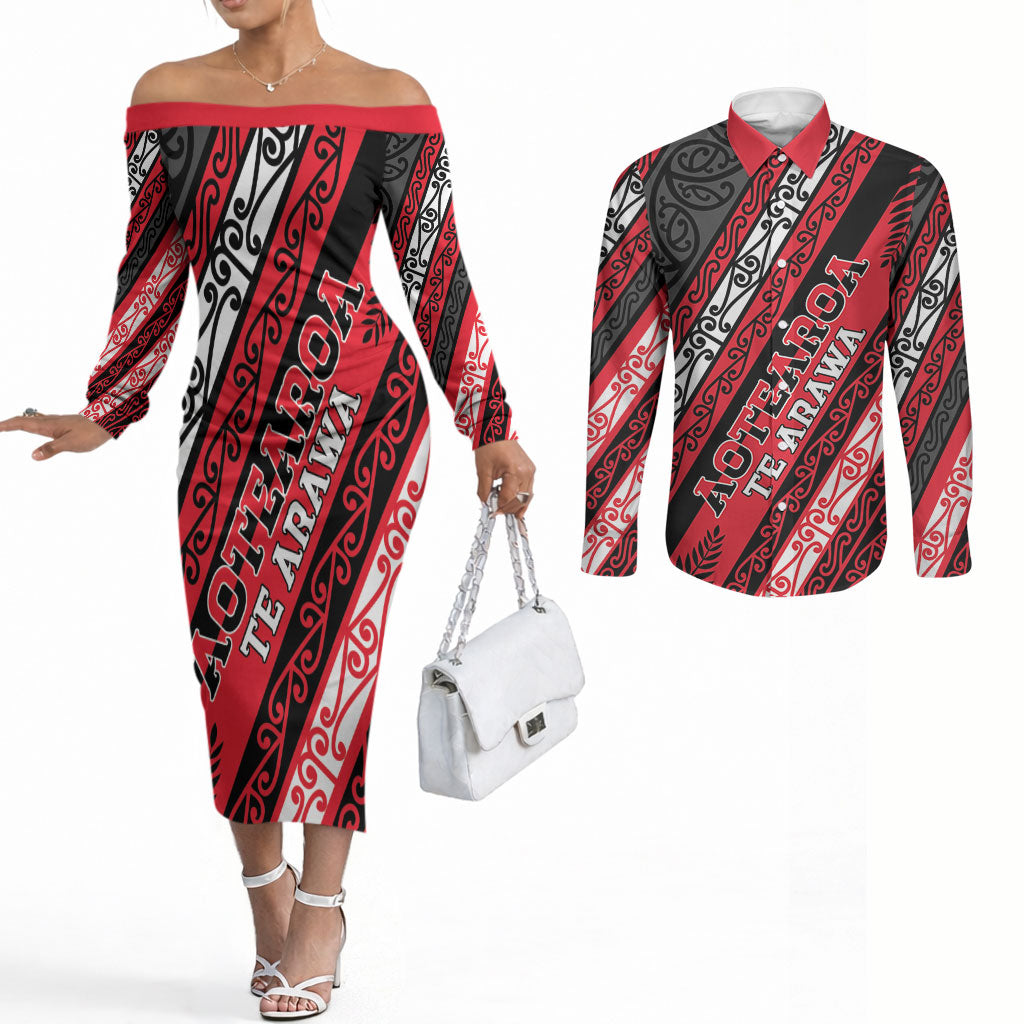 Personalised Aotearoa Te Arawa Couples Matching Off The Shoulder Long Sleeve Dress and Long Sleeve Button Shirt New Zealand Maori Tribal Fern Pattern