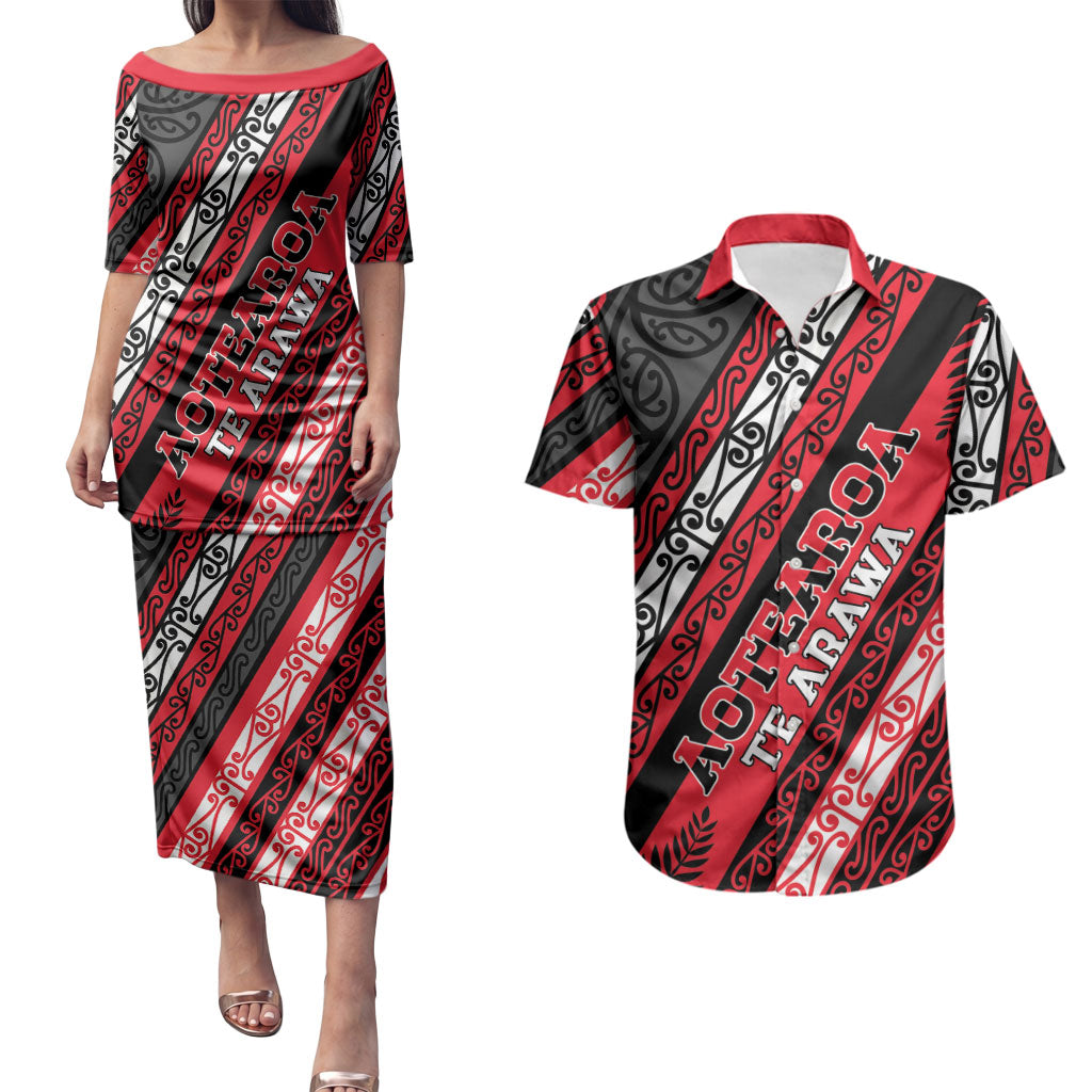 Personalised Aotearoa Te Arawa Couples Matching Puletasi and Hawaiian Shirt New Zealand Maori Tribal Fern Pattern