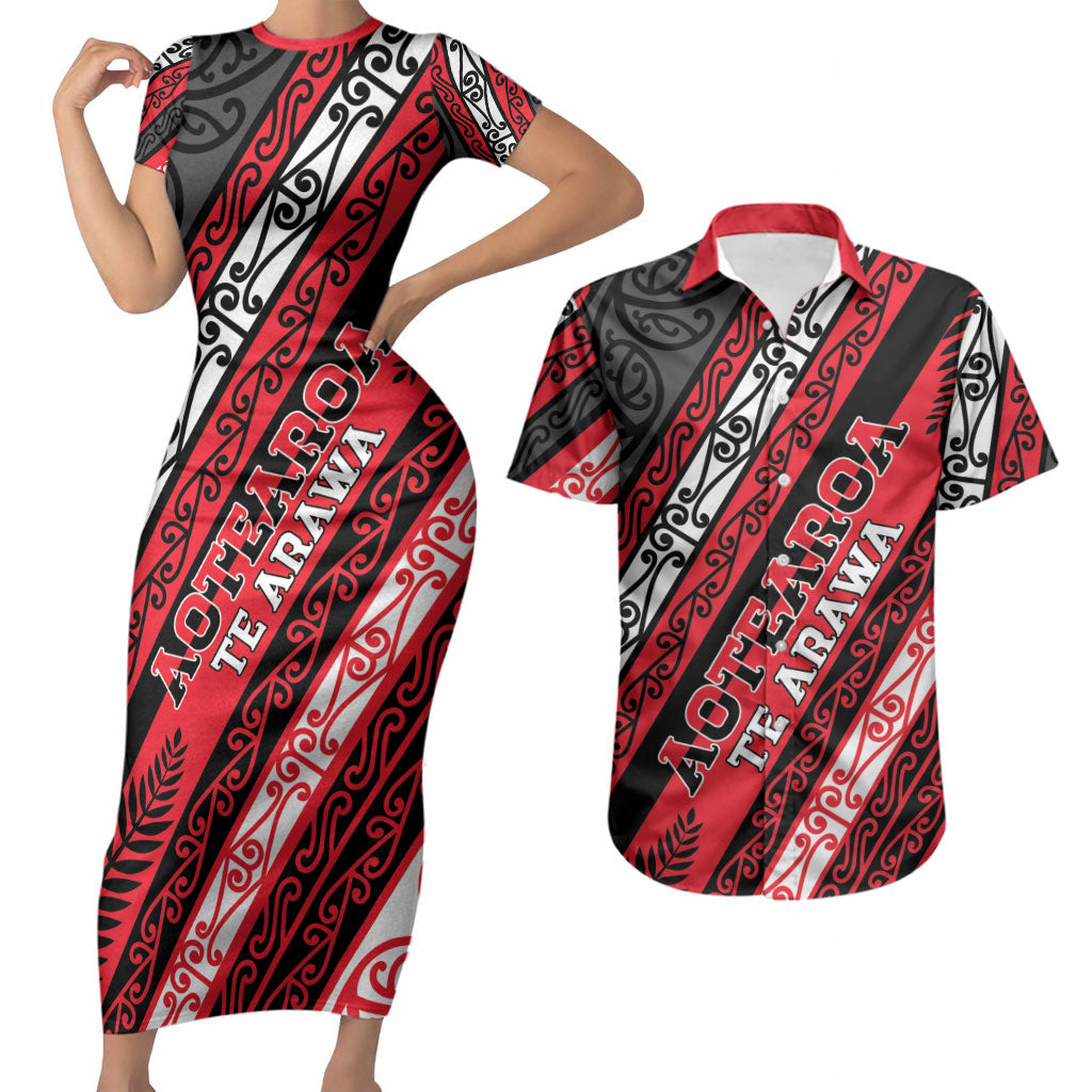 Personalised Aotearoa Te Arawa Couples Matching Short Sleeve Bodycon Dress and Hawaiian Shirt New Zealand Maori Tribal Fern Pattern