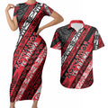 Personalised Aotearoa Te Arawa Couples Matching Short Sleeve Bodycon Dress and Hawaiian Shirt New Zealand Maori Tribal Fern Pattern