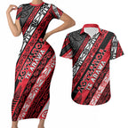 Personalised Aotearoa Te Arawa Couples Matching Short Sleeve Bodycon Dress and Hawaiian Shirt New Zealand Maori Tribal Fern Pattern