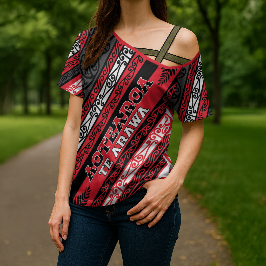 Personalised Aotearoa Te Arawa Cross Shoulder Shirt New Zealand Maori Tribal Fern Pattern