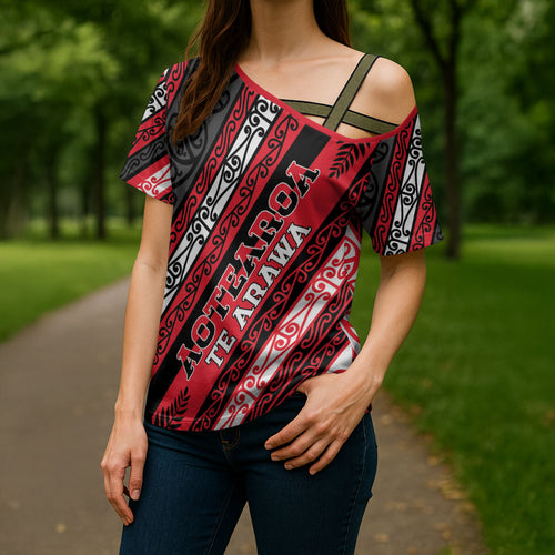 Personalised Aotearoa Te Arawa Cross Shoulder Shirt New Zealand Maori Tribal Fern Pattern