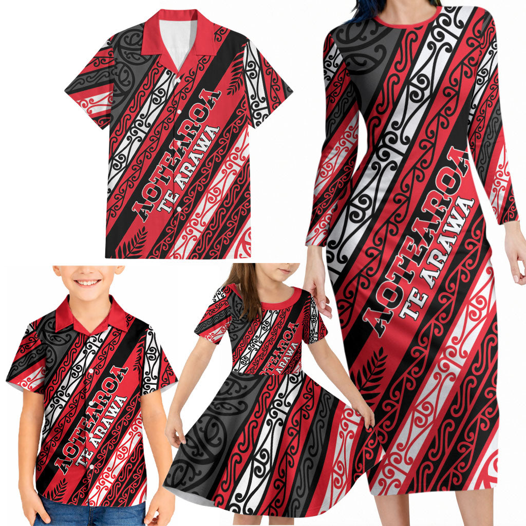 Personalised Aotearoa Te Arawa Family Matching Long Sleeve Bodycon Dress and Hawaiian Shirt New Zealand Maori Tribal Fern Pattern