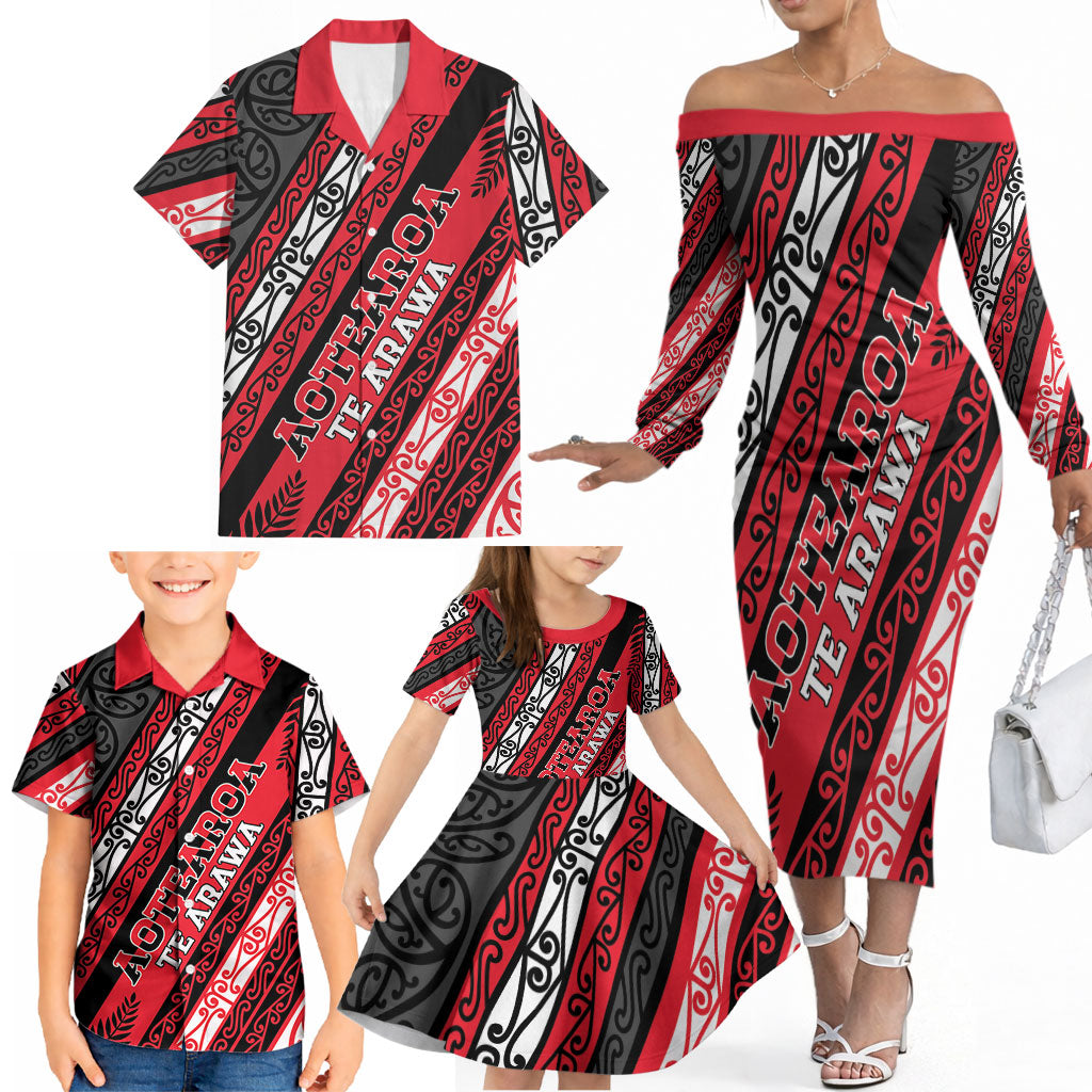 Personalised Aotearoa Te Arawa Family Matching Off The Shoulder Long Sleeve Dress and Hawaiian Shirt New Zealand Maori Tribal Fern Pattern