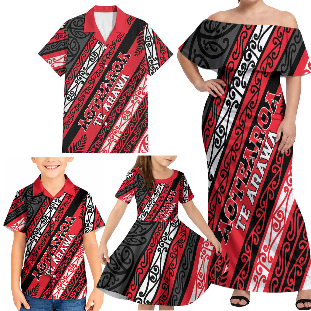 Personalised Aotearoa Te Arawa Family Matching Off Shoulder Maxi Dress and Hawaiian Shirt New Zealand Maori Tribal Fern Pattern