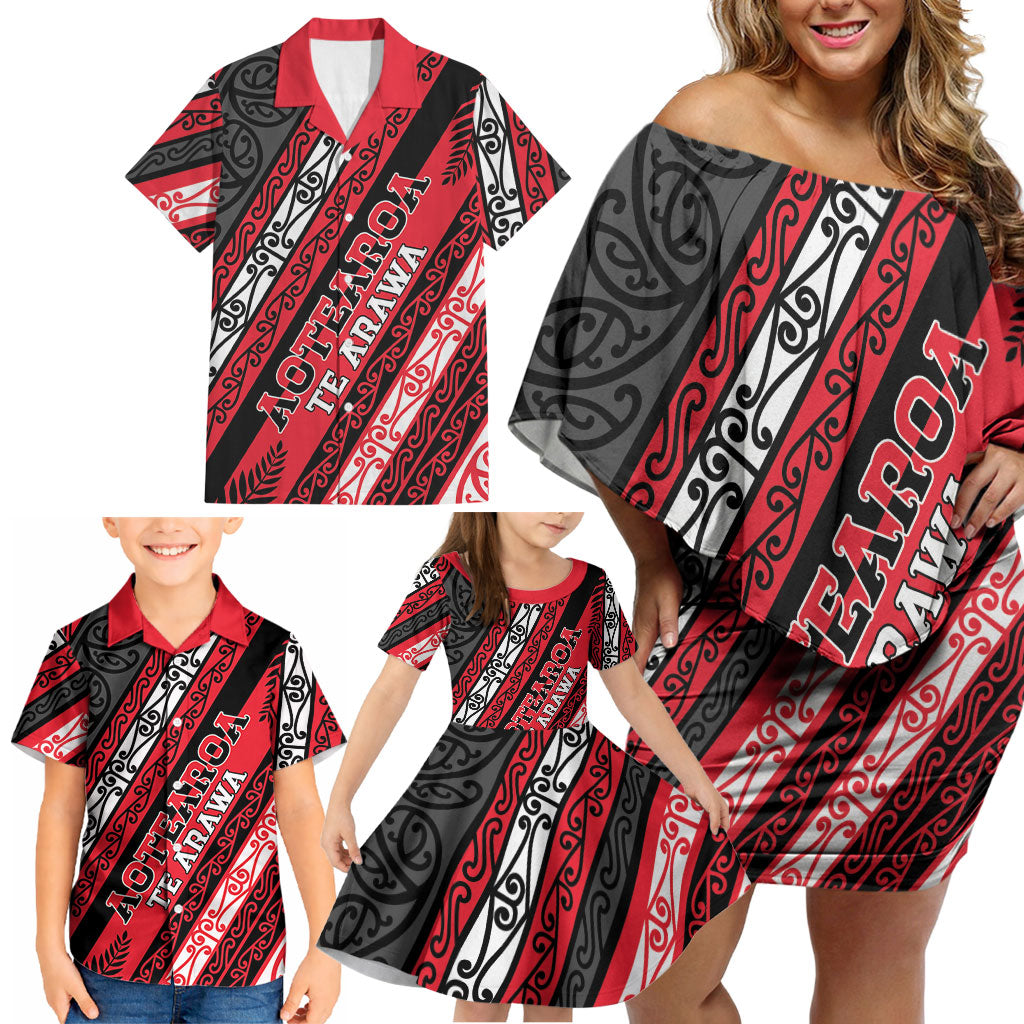 Personalised Aotearoa Te Arawa Family Matching Off Shoulder Short Dress and Hawaiian Shirt New Zealand Maori Tribal Fern Pattern