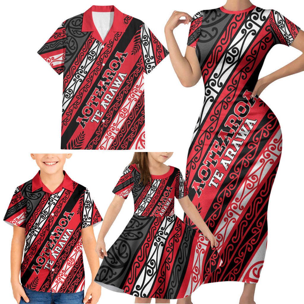 Personalised Aotearoa Te Arawa Family Matching Short Sleeve Bodycon Dress and Hawaiian Shirt New Zealand Maori Tribal Fern Pattern
