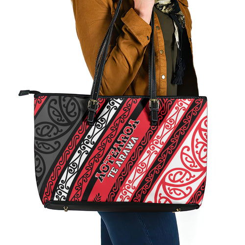 Aotearoa Te Arawa Leather Tote Bag New Zealand Maori Tribal Fern Pattern
