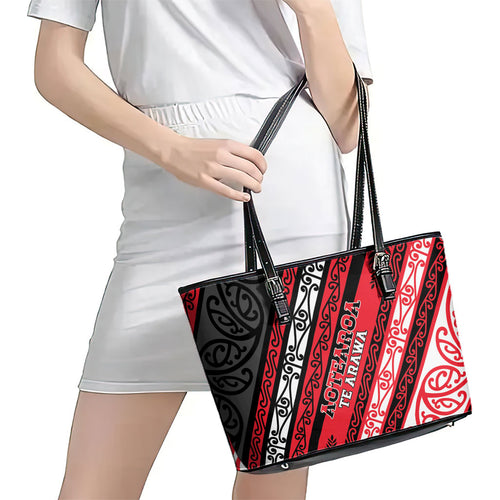 Aotearoa Te Arawa Leather Tote Bag New Zealand Maori Tribal Fern Pattern