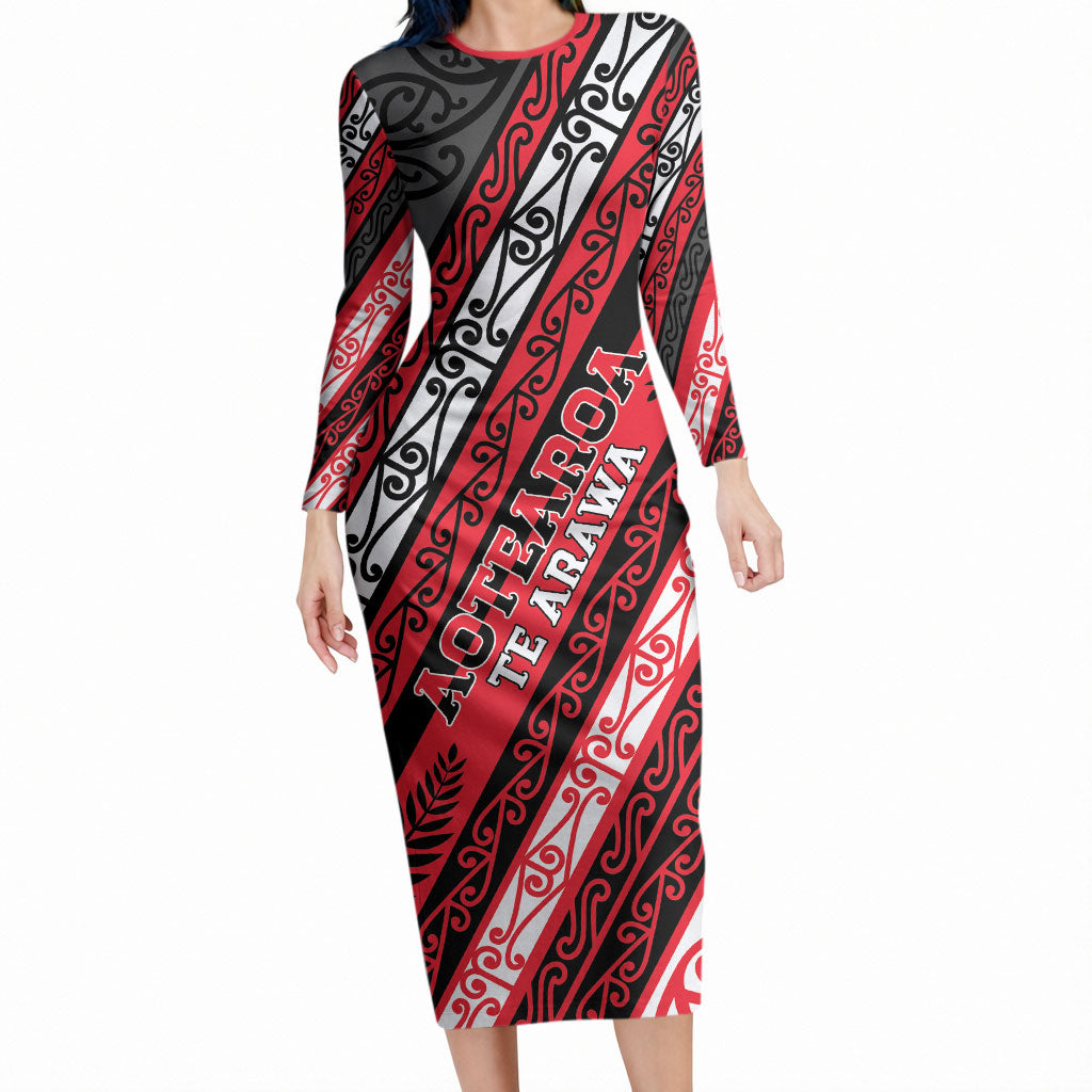 Personalised Aotearoa Te Arawa Long Sleeve Bodycon Dress New Zealand Maori Tribal Fern Pattern
