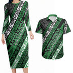 Personalised Aotearoa Ngati Maniapoto Couples Matching Long Sleeve Bodycon Dress and Hawaiian Shirt New Zealand Maori Tribal Fern Pattern