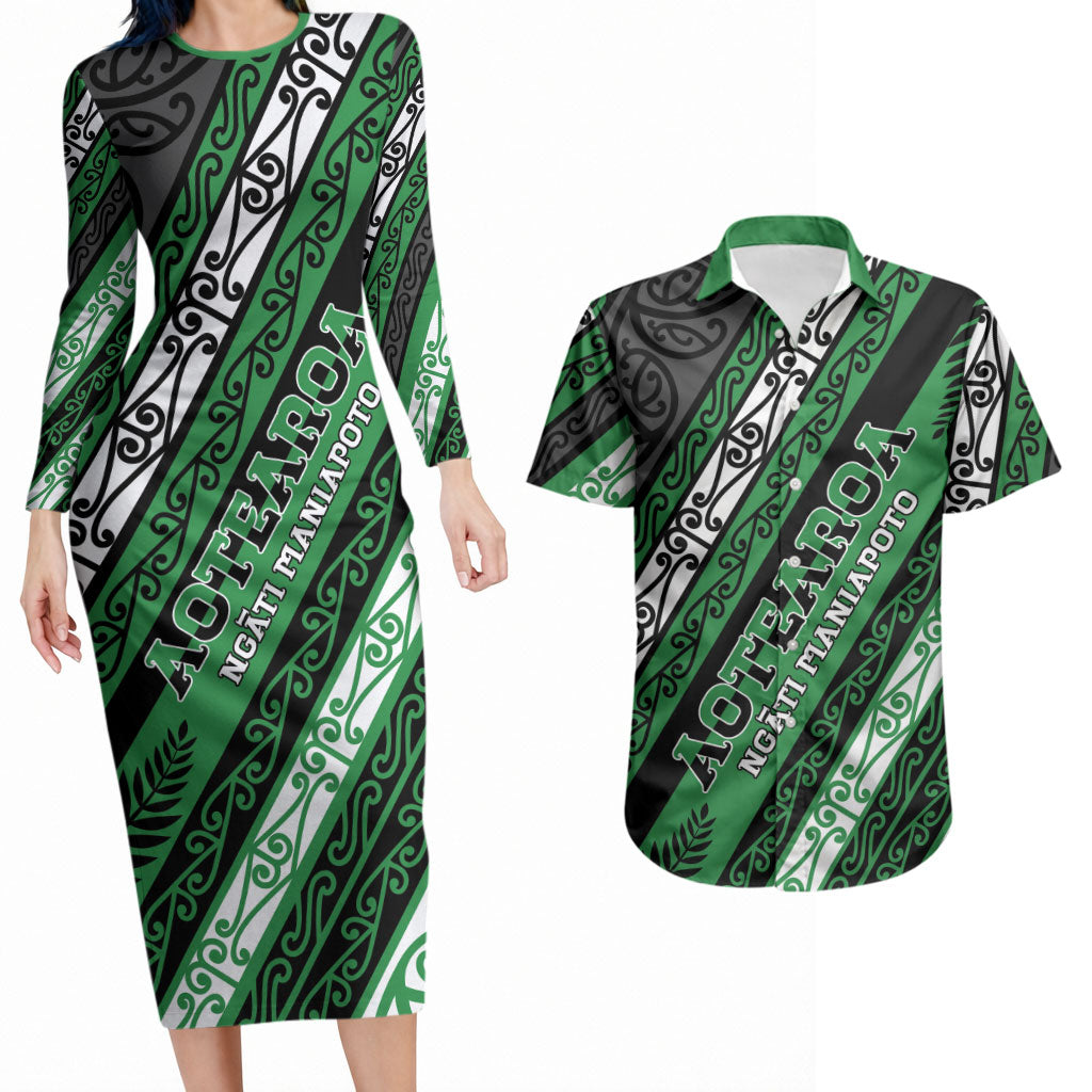 Personalised Aotearoa Ngati Maniapoto Couples Matching Long Sleeve Bodycon Dress and Hawaiian Shirt New Zealand Maori Tribal Fern Pattern