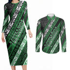 Personalised Aotearoa Ngati Maniapoto Couples Matching Long Sleeve Bodycon Dress and Long Sleeve Button Shirt New Zealand Maori Tribal Fern Pattern