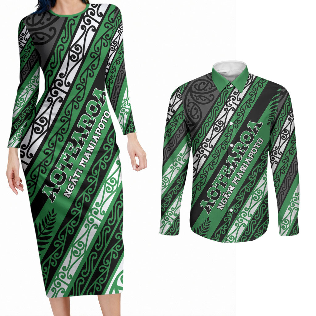 Personalised Aotearoa Ngati Maniapoto Couples Matching Long Sleeve Bodycon Dress and Long Sleeve Button Shirt New Zealand Maori Tribal Fern Pattern