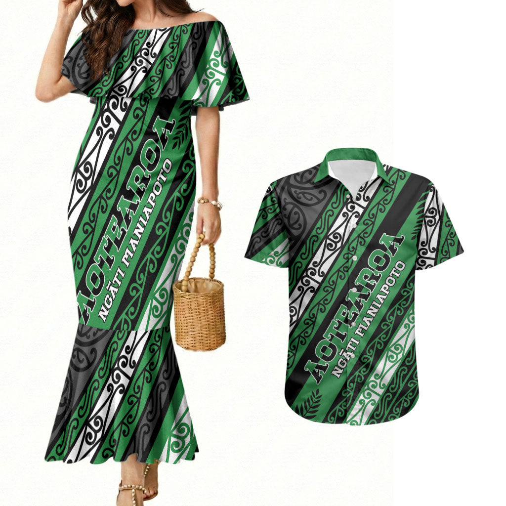 Personalised Aotearoa Ngati Maniapoto Couples Matching Mermaid Dress and Hawaiian Shirt New Zealand Maori Tribal Fern Pattern
