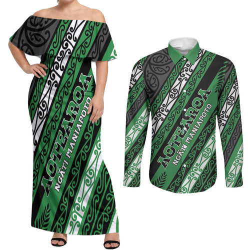 Personalised Aotearoa Ngati Maniapoto Couples Matching Off Shoulder Maxi Dress and Long Sleeve Button Shirt New Zealand Maori Tribal Fern Pattern