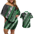 Personalised Aotearoa Ngati Maniapoto Couples Matching Off Shoulder Short Dress and Hawaiian Shirt New Zealand Maori Tribal Fern Pattern